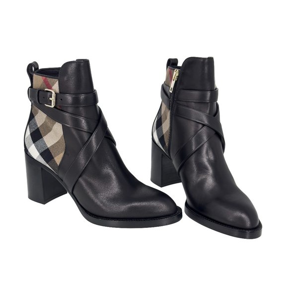 Burberry Shoes - Burberry Pryle Leather & House Check Mid-Heel Ankle Boots